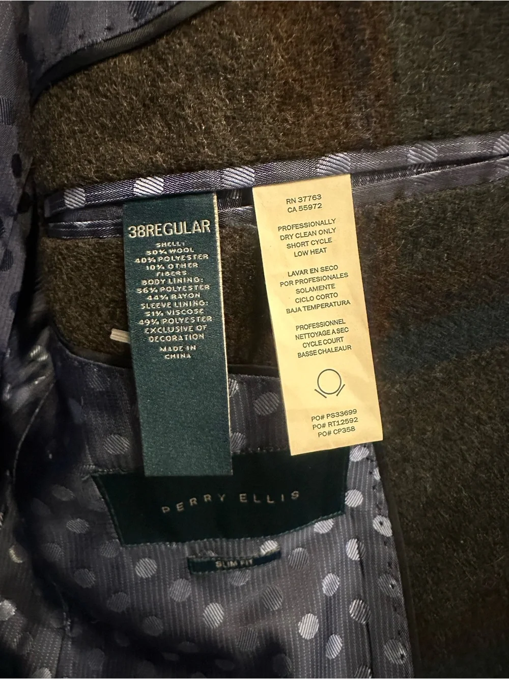 Perry Ellis 50% Wool Grey Blue Brown Plaid Fall Winter Slim Fit Blazer Jacket